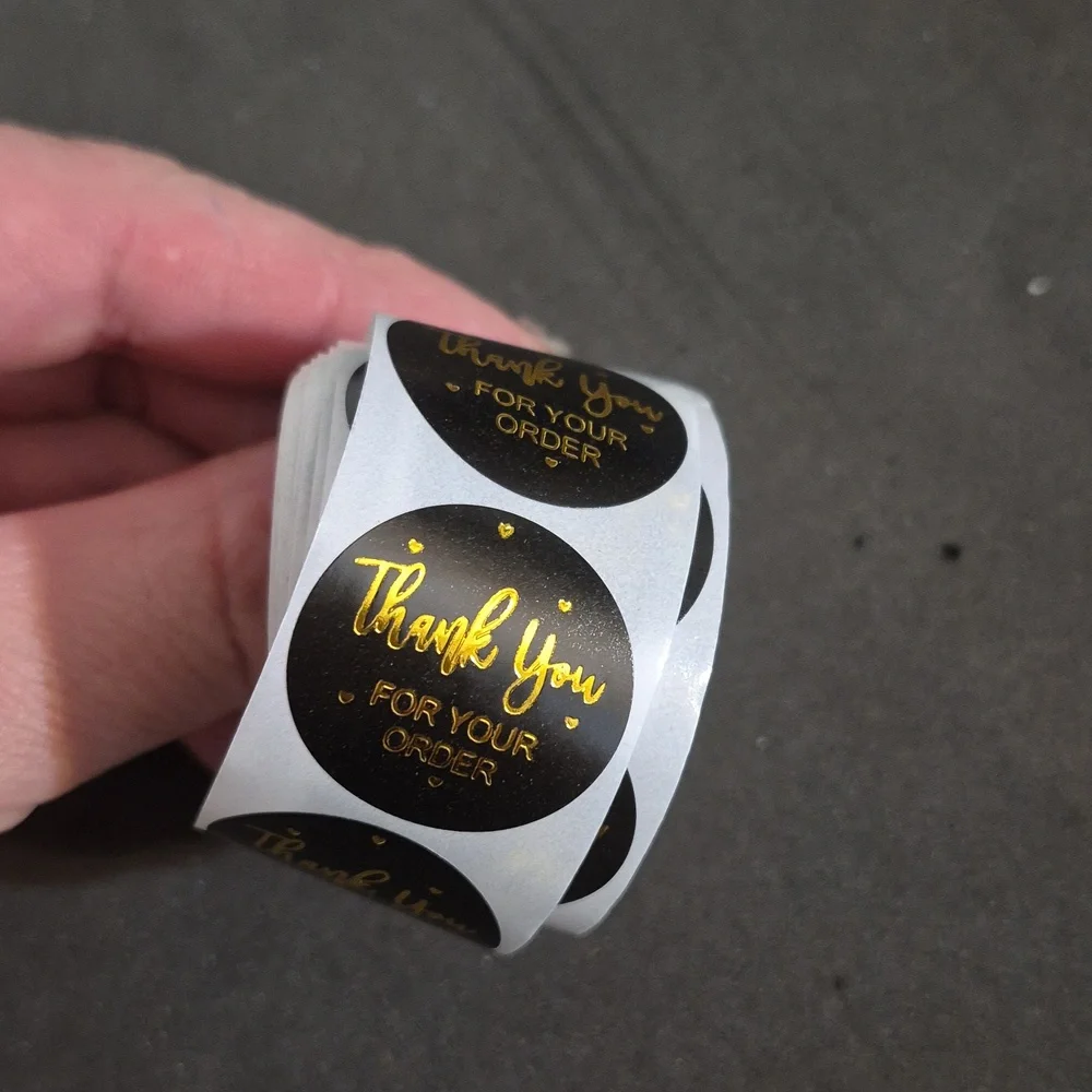 Thank You For Your Order Stickers Roll 100 Black & Gold Round 1 X 1